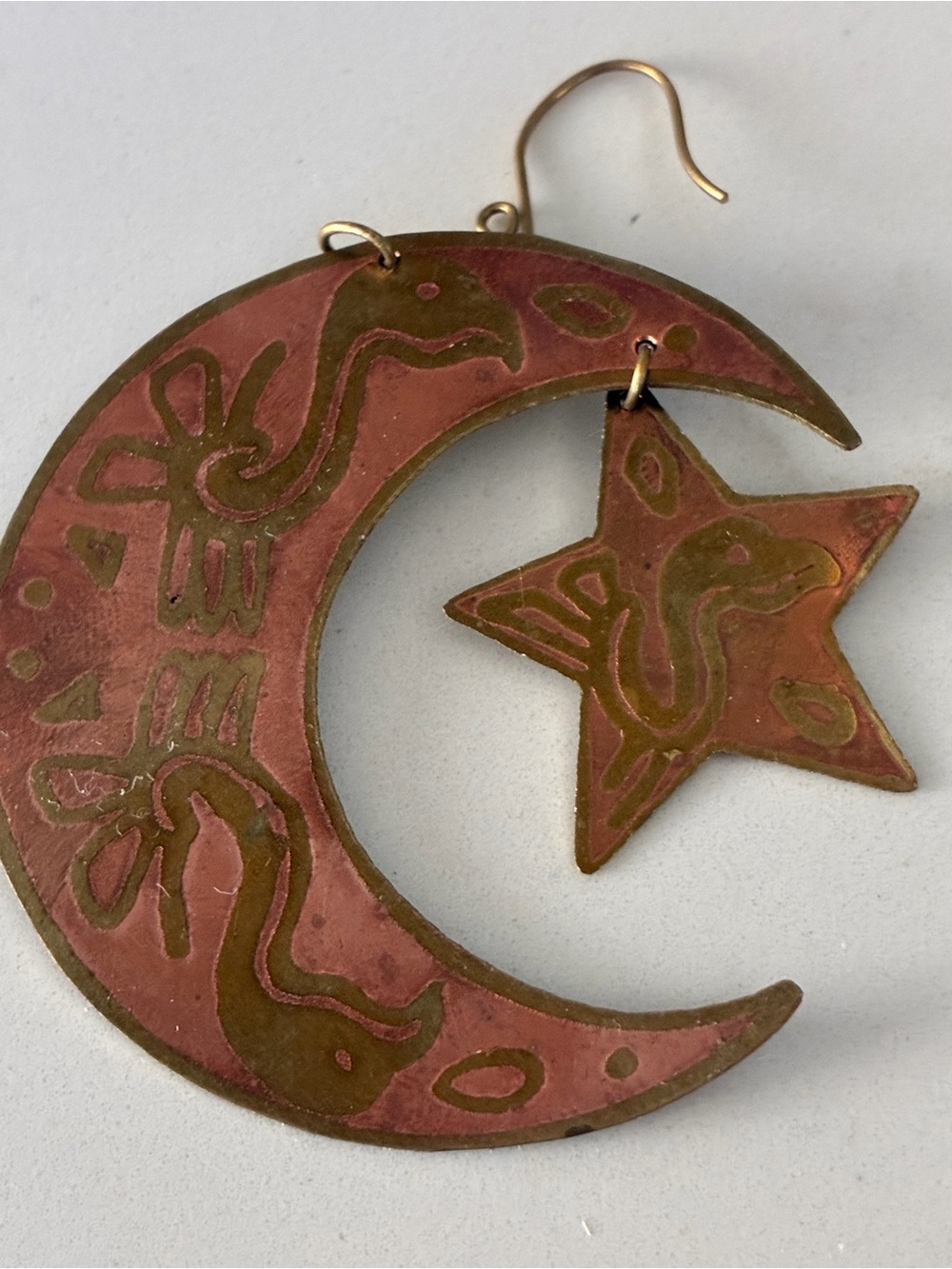 Mexican Moon & Star Dangle Earrings in Copper Brass